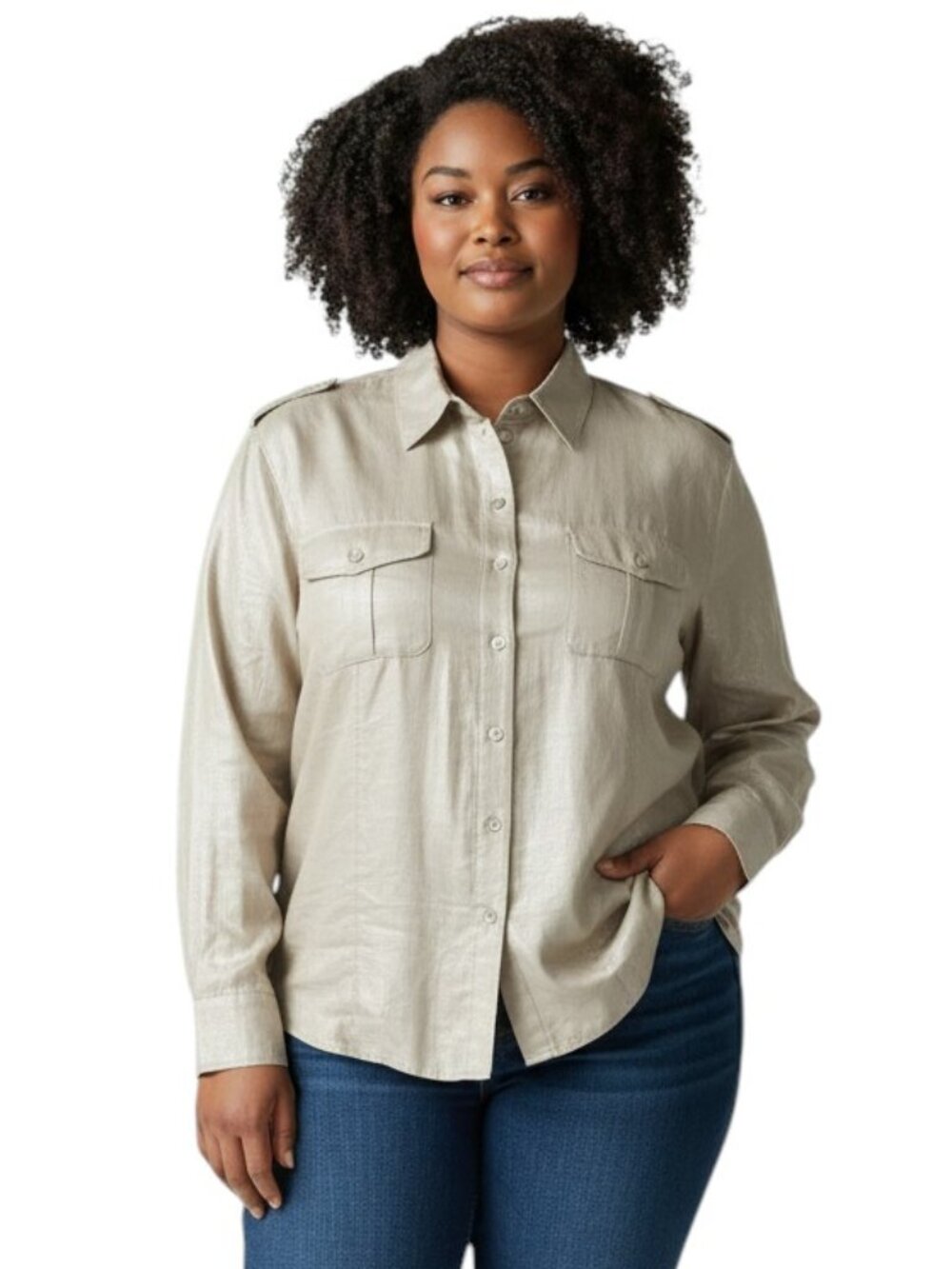 TanJay Womens Plus 20W Button Up Shirt Beige Shimmer Wet Look Pockets Epaulettes